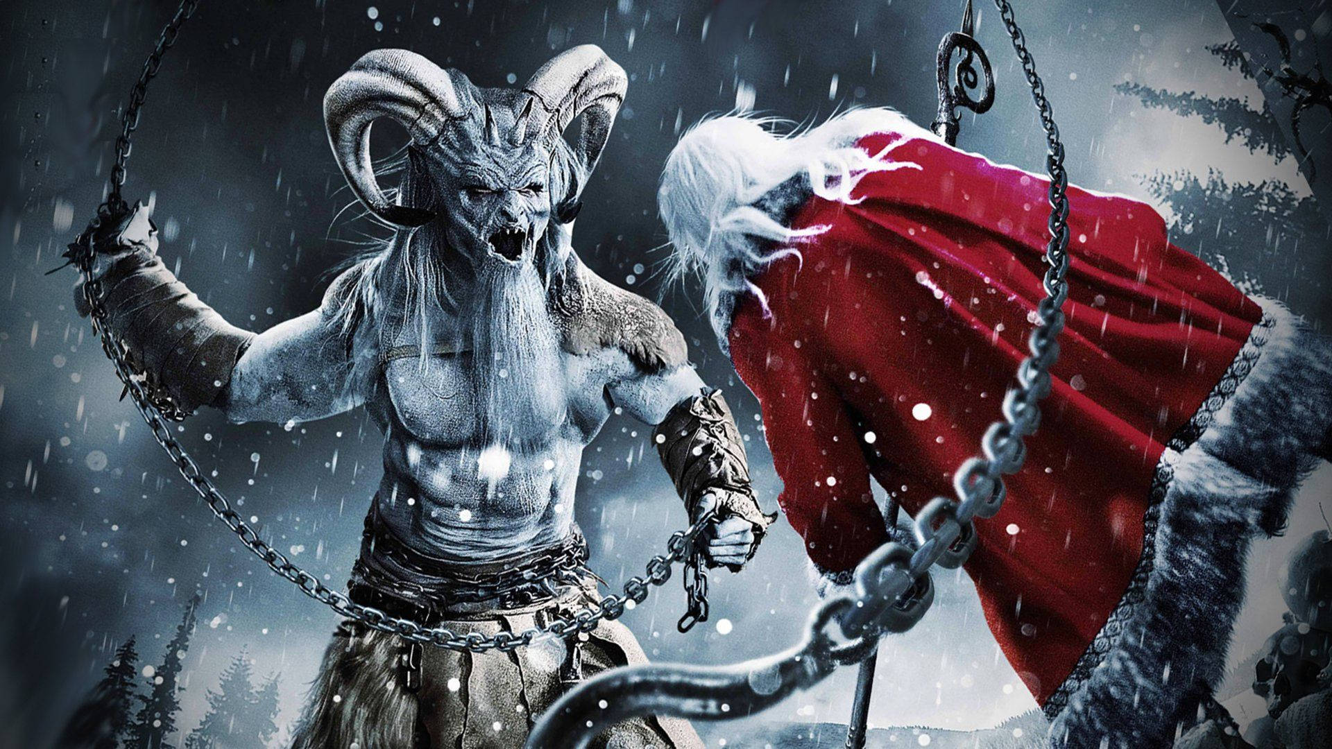 帶鎖鏈的惡魔人物在雪地森林中與聖誕老人對峙。