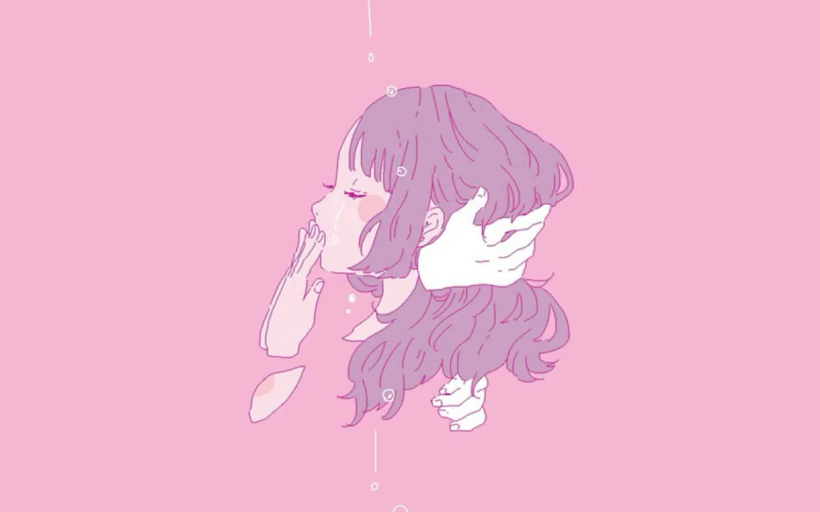 一個紫色頭髮的動漫女孩，在粉紅色背景下流淚哭泣。