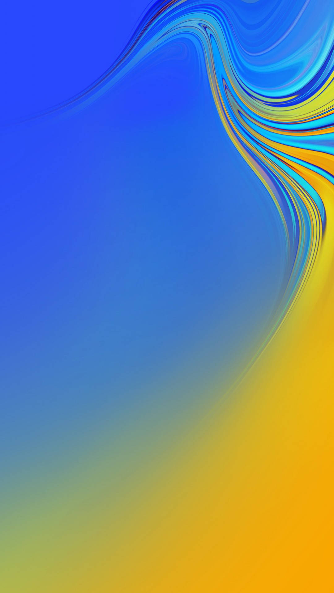 體驗色彩繽紛 AMOLED 的絕美畫質 壁紙 — 藍色和黃色漸變的動態漩渦沿對角線流過平滑的抽象背景。