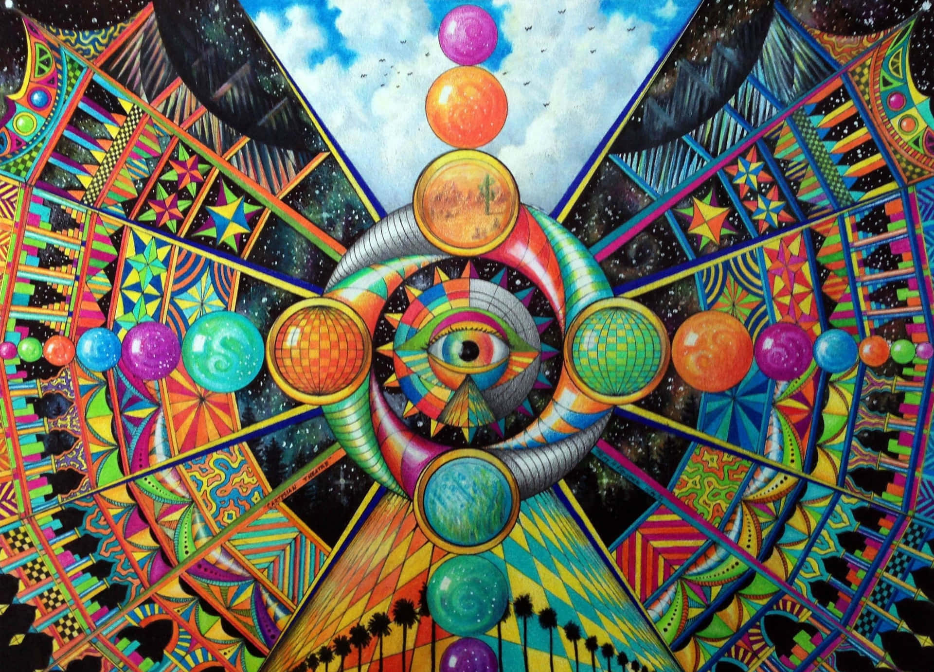 一隻迷幻之眼，被色彩繽紛的幾何圖案和漂浮球體環繞。