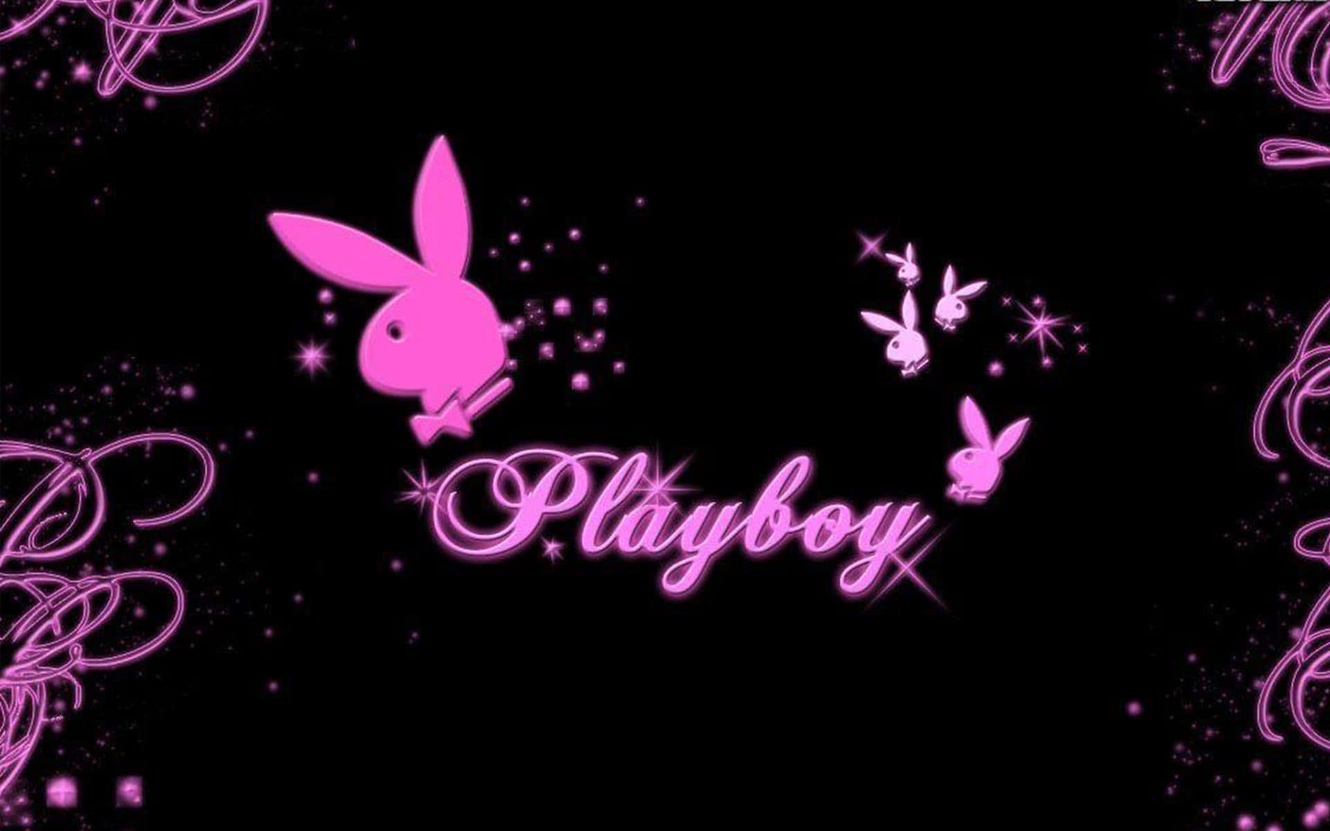 黑色背景上帶有閃光和漩渦的粉紅色Playboy標誌