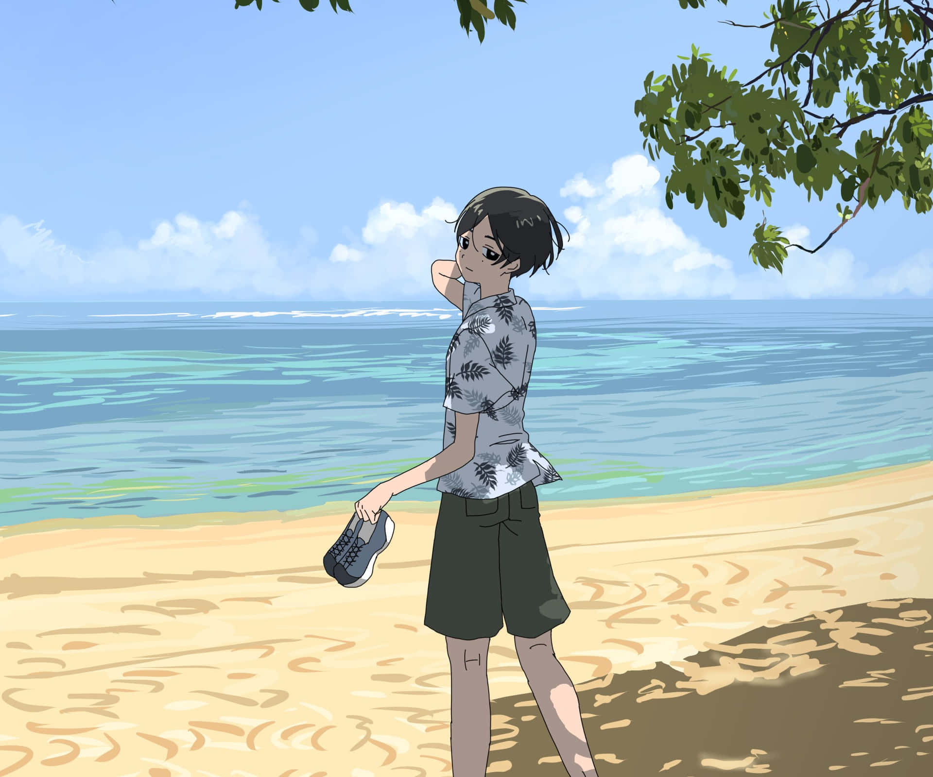 動漫男孩在陽光明媚的海灘上行走，手裡拿著鞋子，在樹枝下。