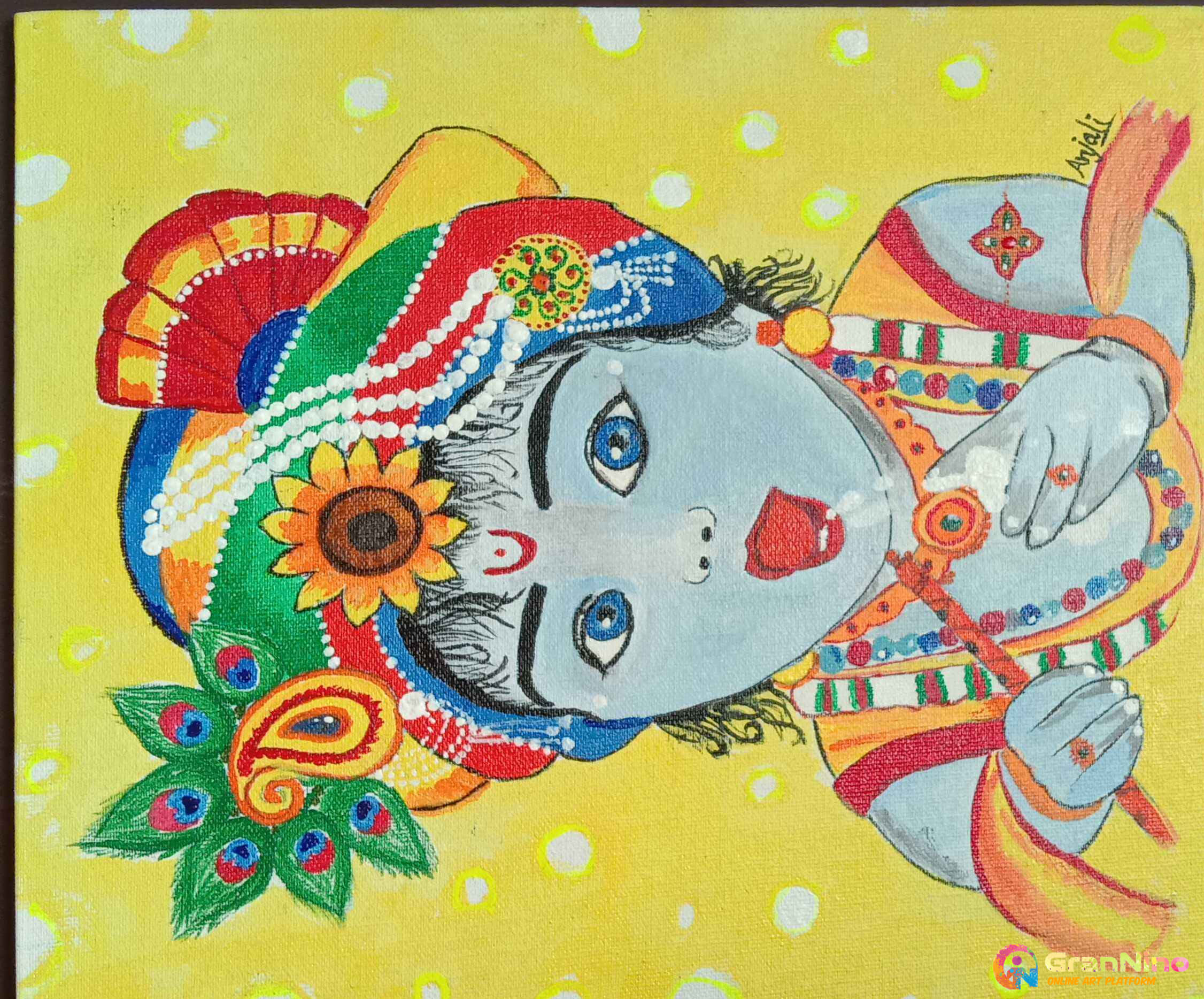 體驗藝術之美 壁紙 — 一幅充滿活力的插圖，描繪了一位藍皮膚的神祇，飾以色彩繽紛的珠寶和向日葵頭飾，背景為黃色圓點。