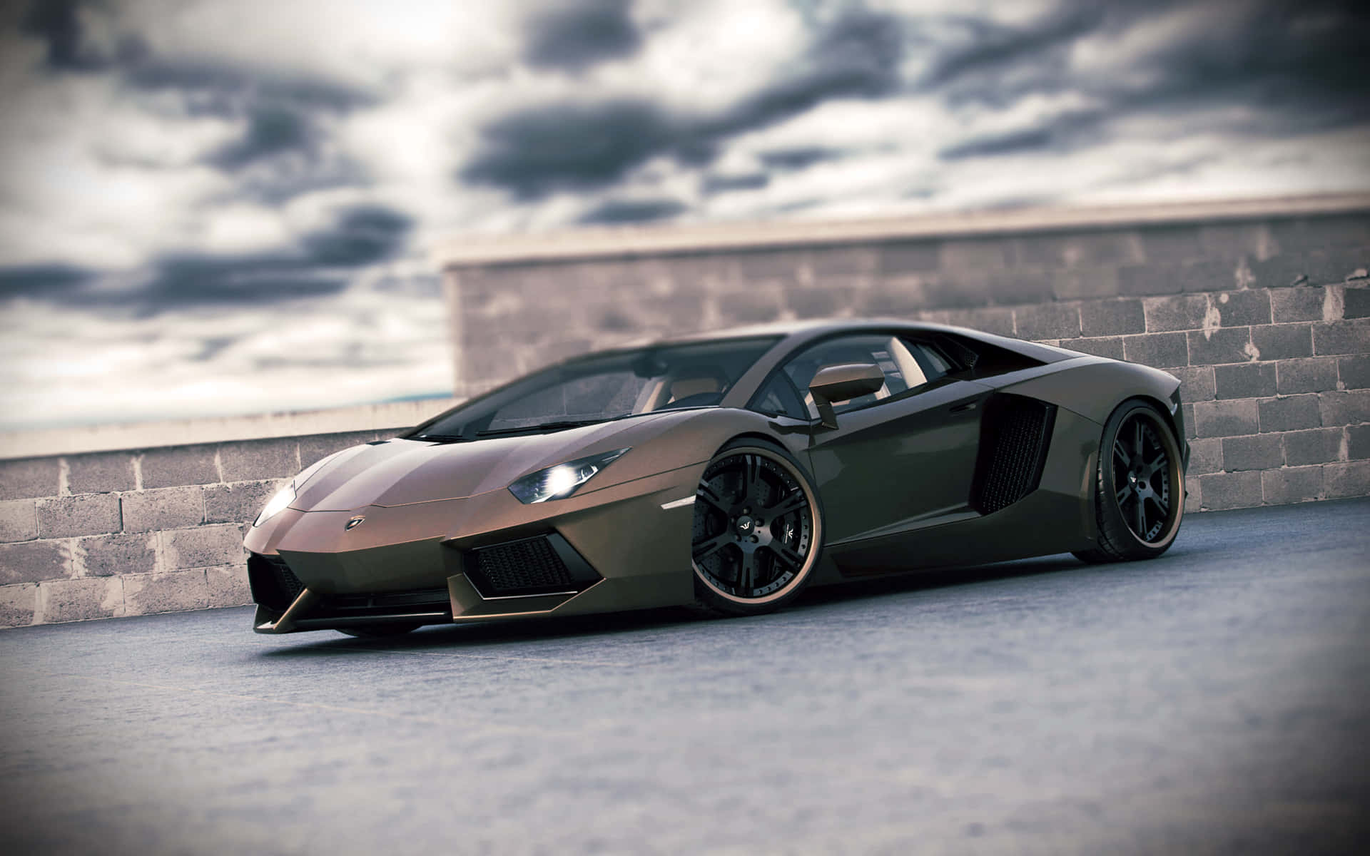 啞光綠色林寶堅尼 Aventador 停泊在石牆旁邊，天空多雲。