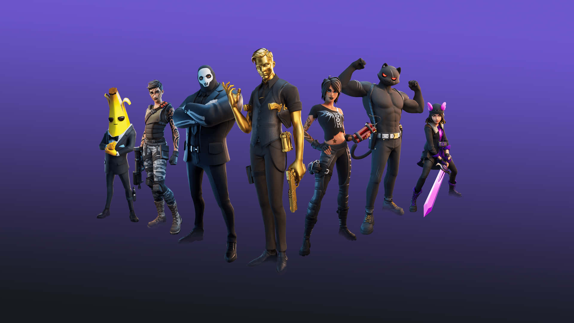 七個穿著色彩繽紛服裝的 Fortnite 遊戲角色在紫色漸變前擺姿勢。