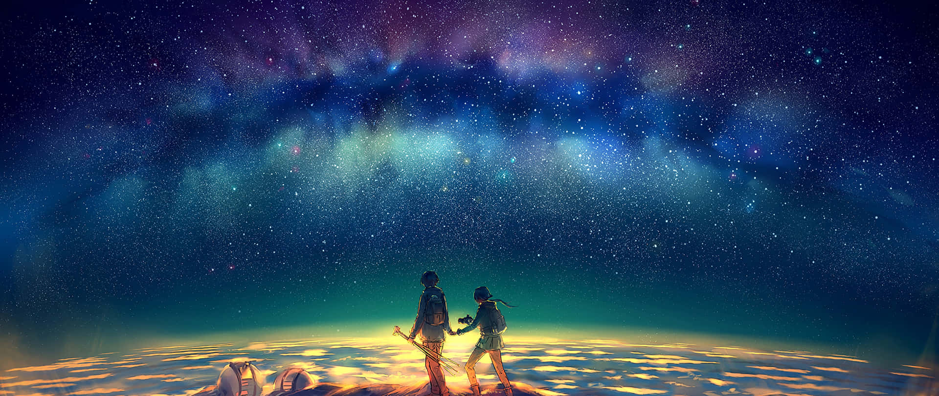兩人在星銀河下的雲海上牽手。