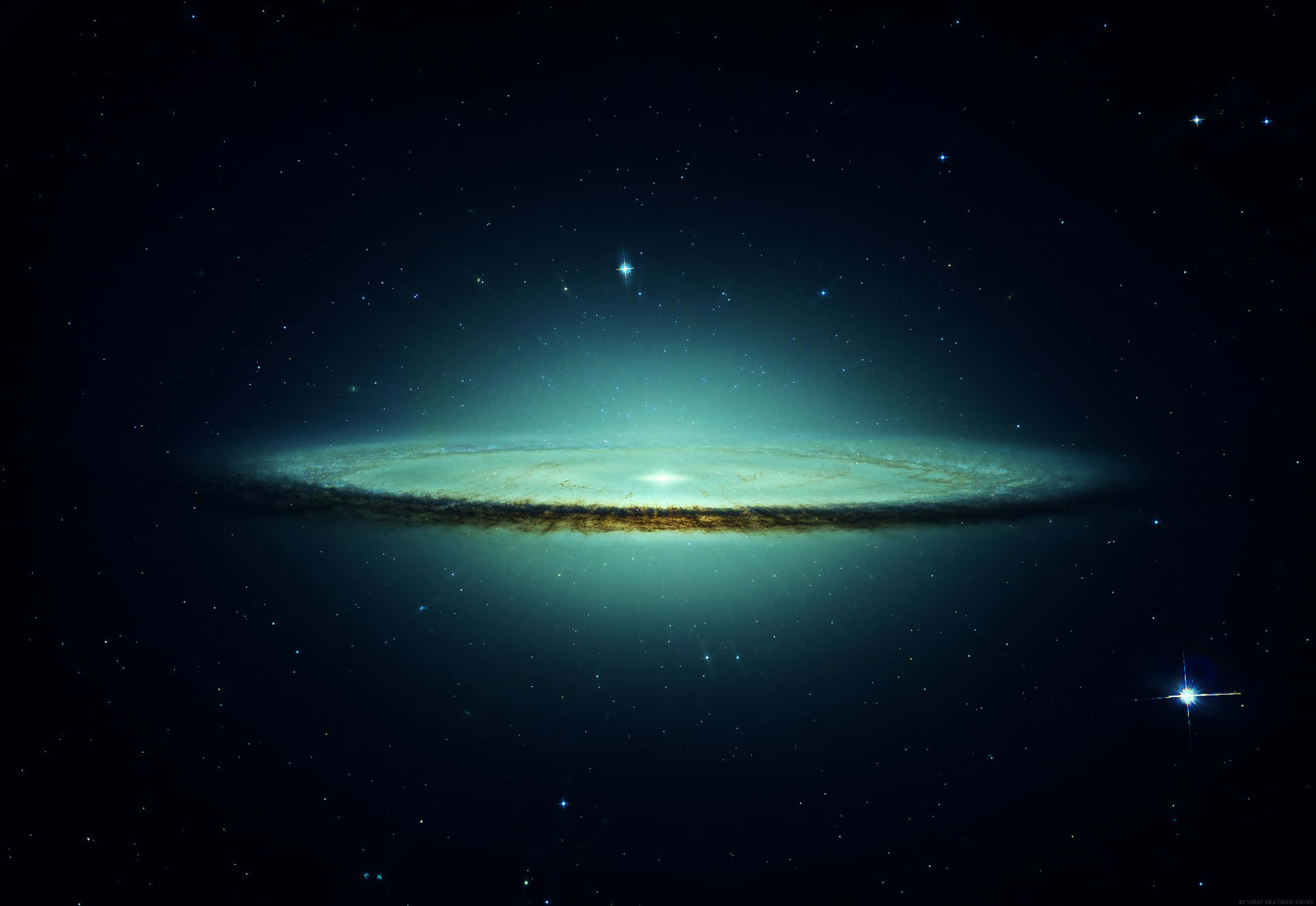 一個發光的螺旋星系，帶有藍綠色和金色的旋臂，被深空中的恆星包圍。
