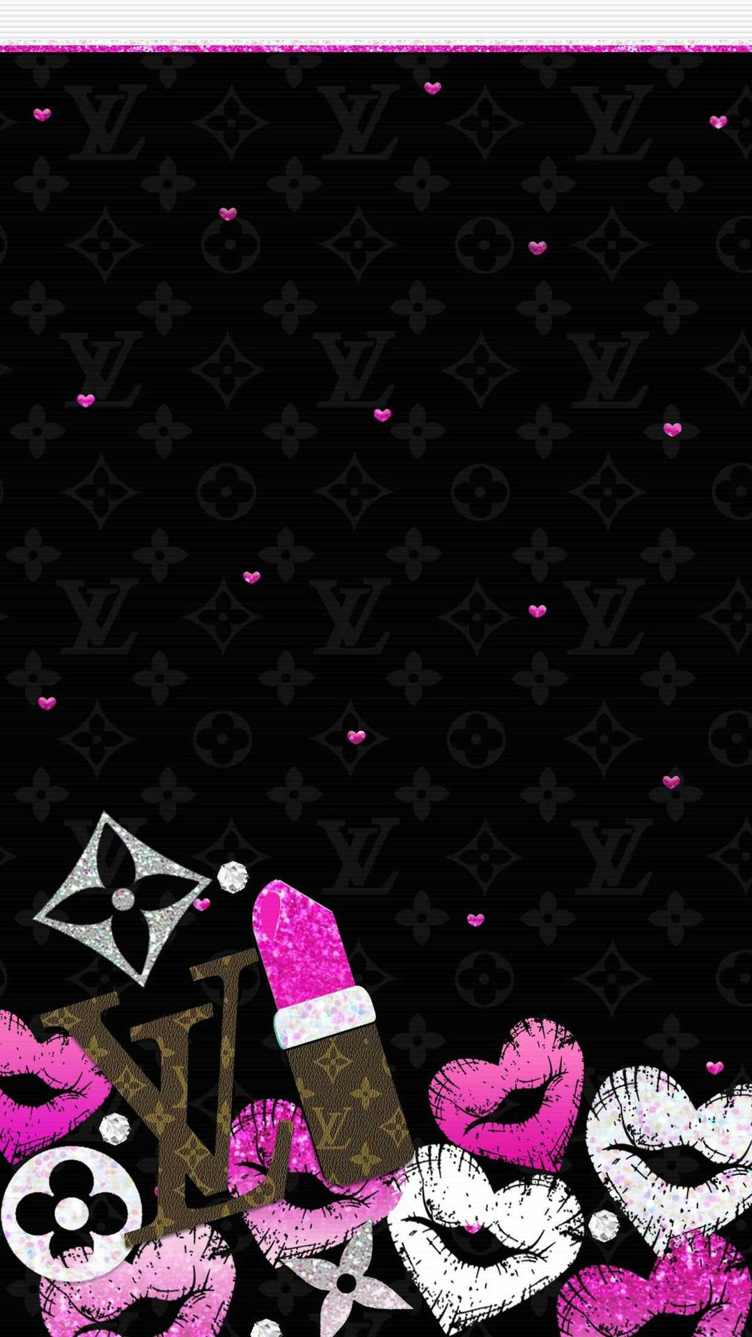 在黑色 Louis Vuitton 字母圖案背景上的閃粉粉紅色嘴唇和唇膏。