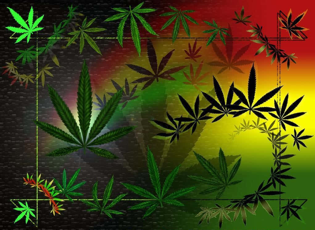 拉斯特顏色的大麻葉在漸變背景周圍形成發光邊框。