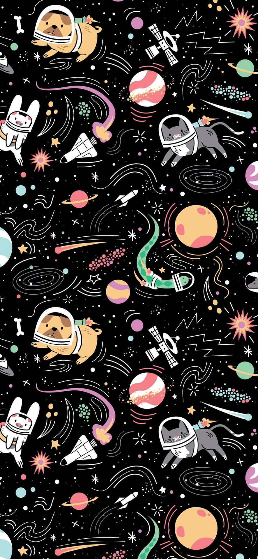 穿著太空服的可愛動物在行星和火箭之間漂浮。