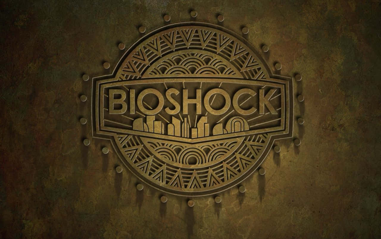Bioshock 標誌刻在生鏽的金屬上，帶有幾何設計和鉚釘。
