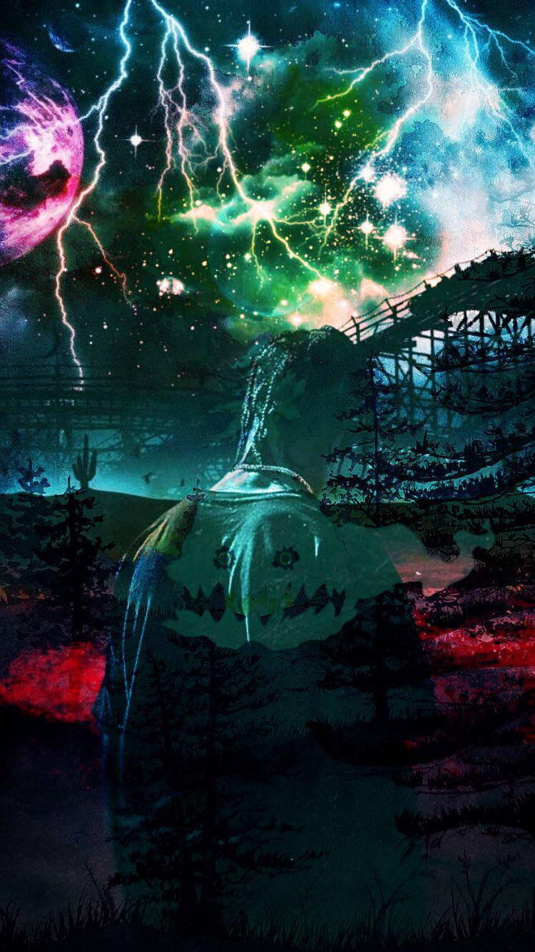 幽靈般的身影在宇宙風暴下，霓虹閃電和外星行星在廢棄的過山車上方。