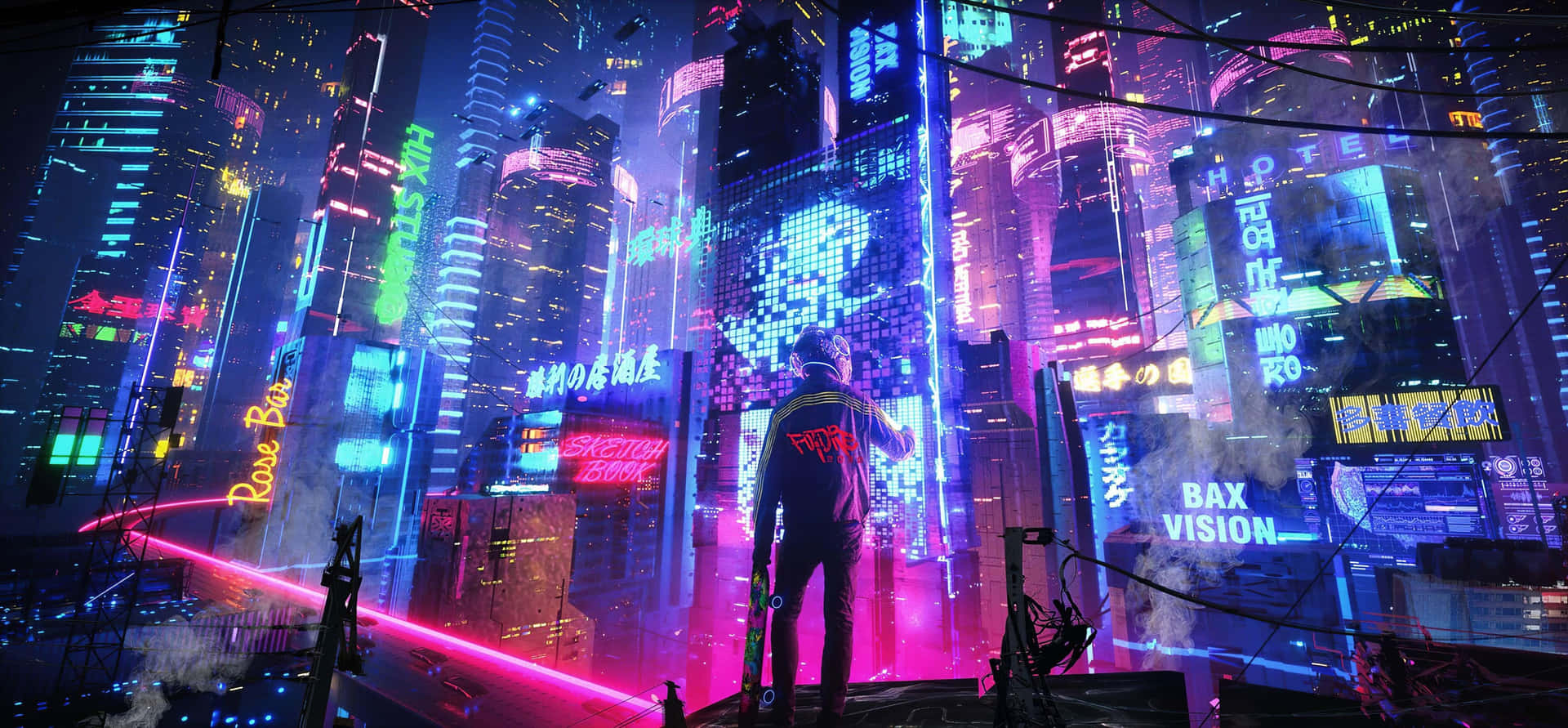 人站在屋頂上，面向夜晚發光的霓虹城市天際線
