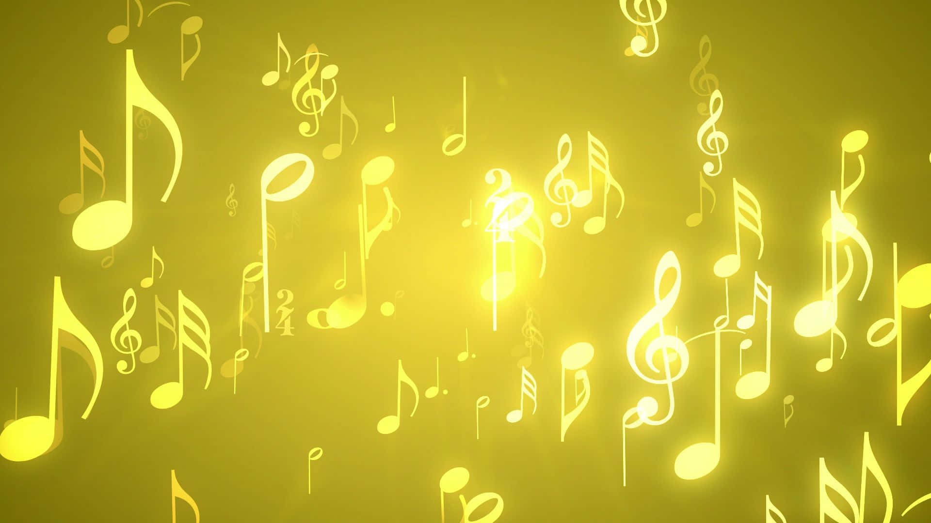 體驗音樂之美 壁紙 — 金色音符在明亮的黃色漸變背景上漂浮並發光。