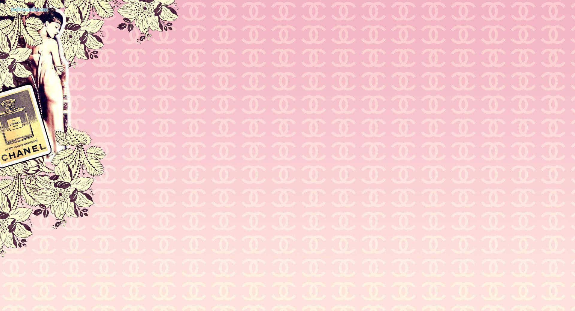 體驗香奈兒的奢華 壁紙 — 復古香奈兒香水瓶和優雅女性剪影，以花卉圖案框住，背景為粉紅色並帶有重複的香奈兒標誌。