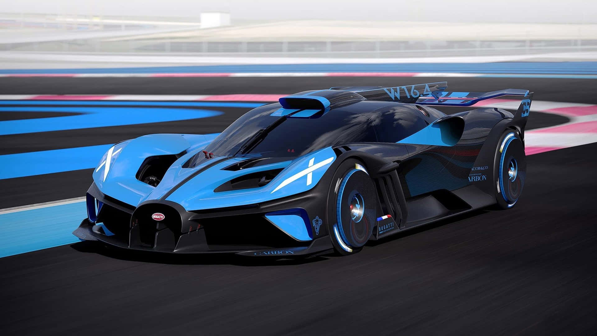 賽道上未來感的藍黑 Bugatti 賽車。