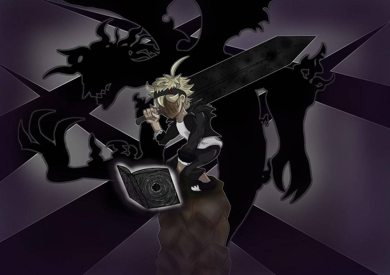 體驗魔法 —《黑執事》角色 壁紙 — 一位金髮動漫戰士手持巨劍，在紫色幾何背景中挑釁地面對黑暗陰影怪物。