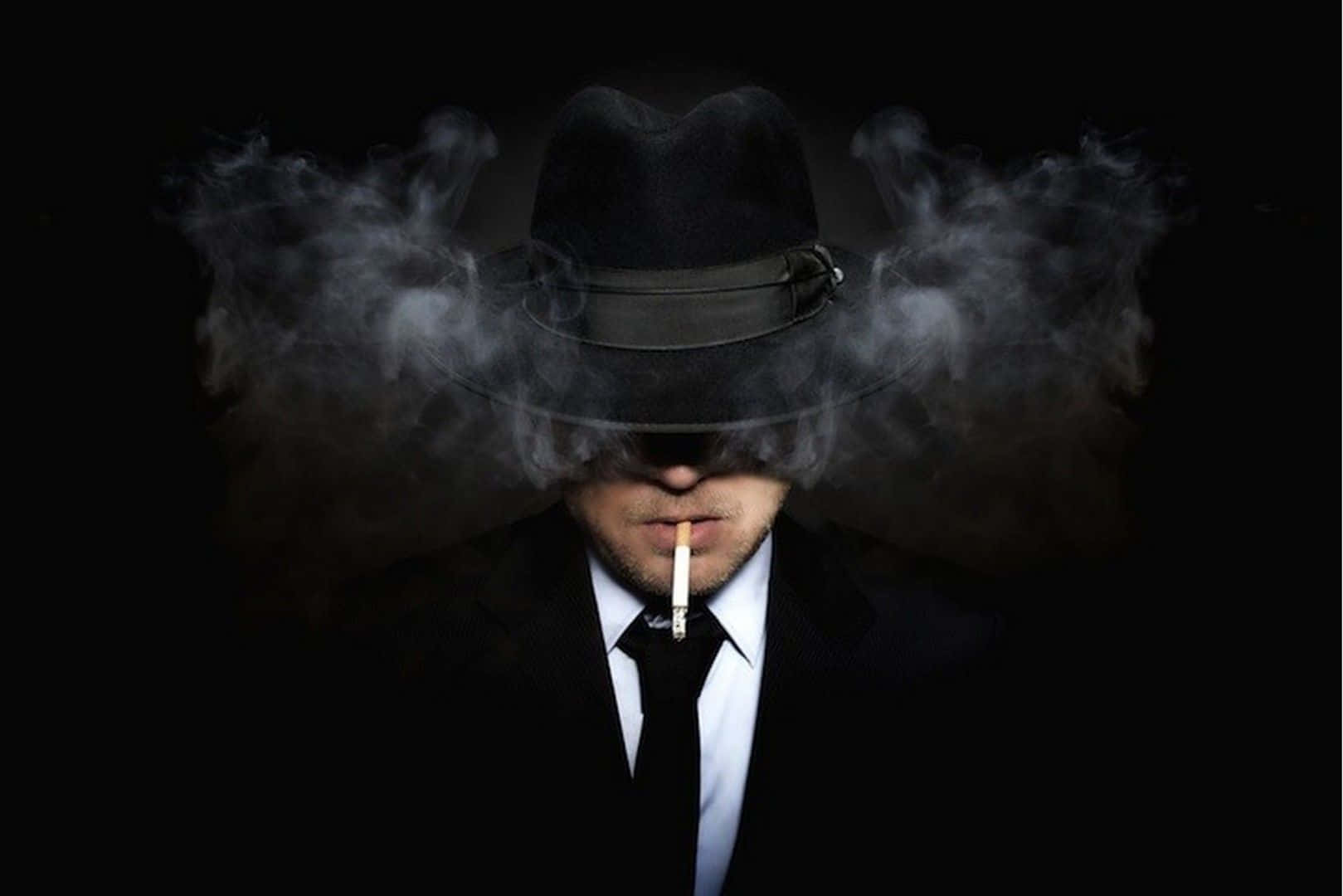 戴紳士帽和穿西裝的男人手持香煙呼出煙霧。