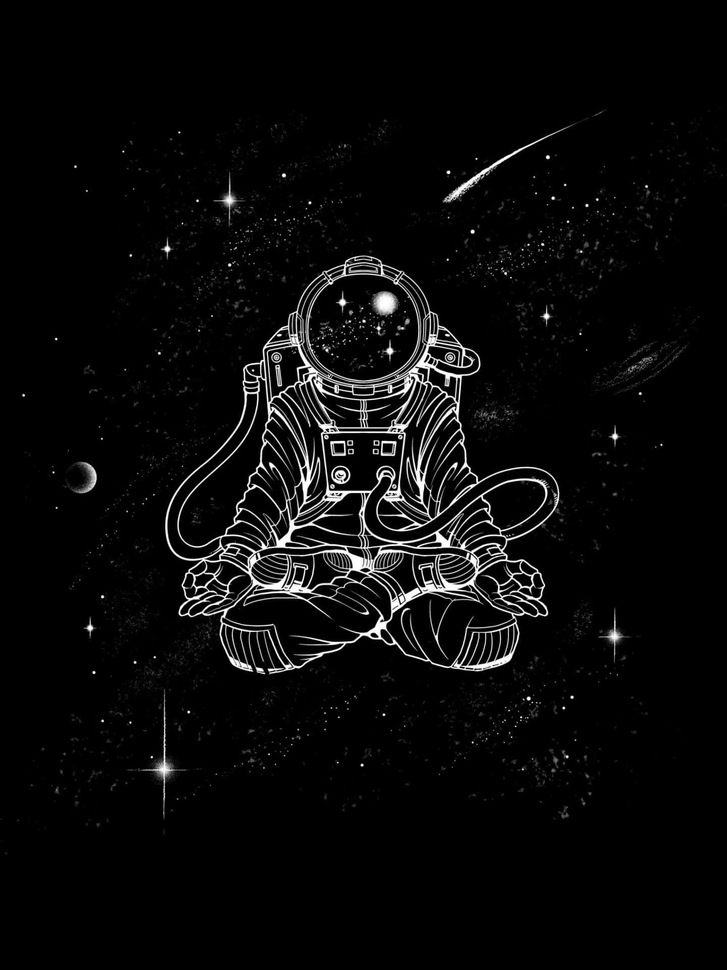 太空人在太空中冥想，背景有星星、彗星和行星。