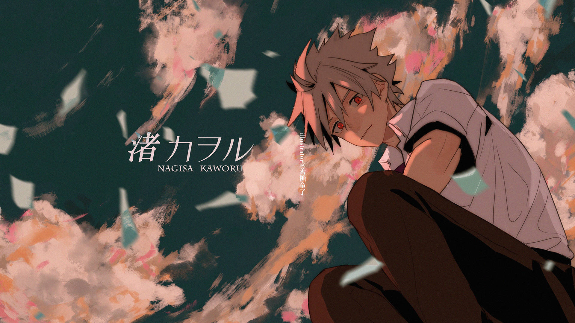 高中制服 Kaworu Nagisa 日式藝術 壁紙 — 一個動漫男孩，有著尖刺頭髮和紅色眼睛，坐在深青色背景上旋轉的彩色紙片之中。