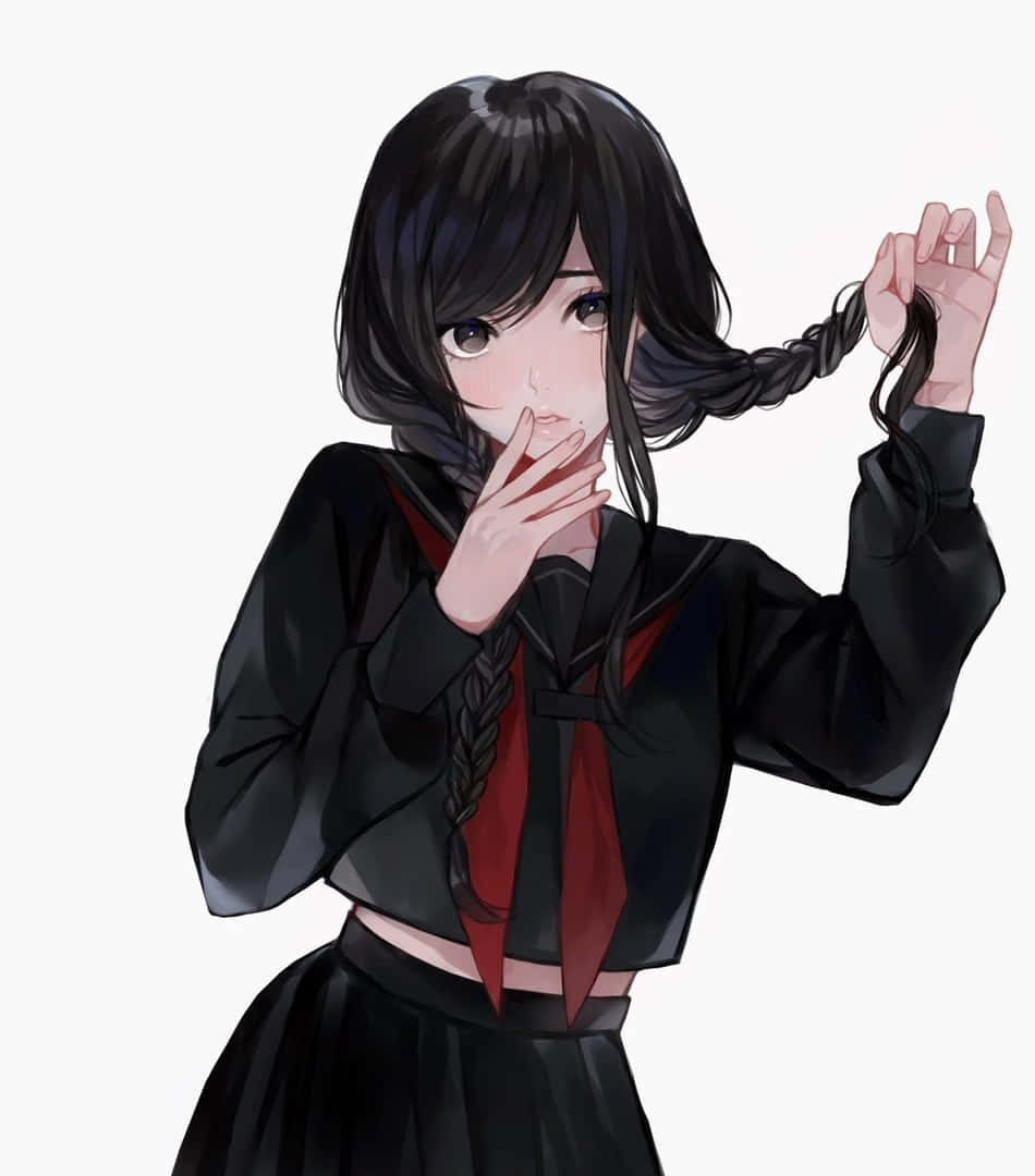 穿著黑色校服的動畫女孩觸碰她的辮子頭髮。