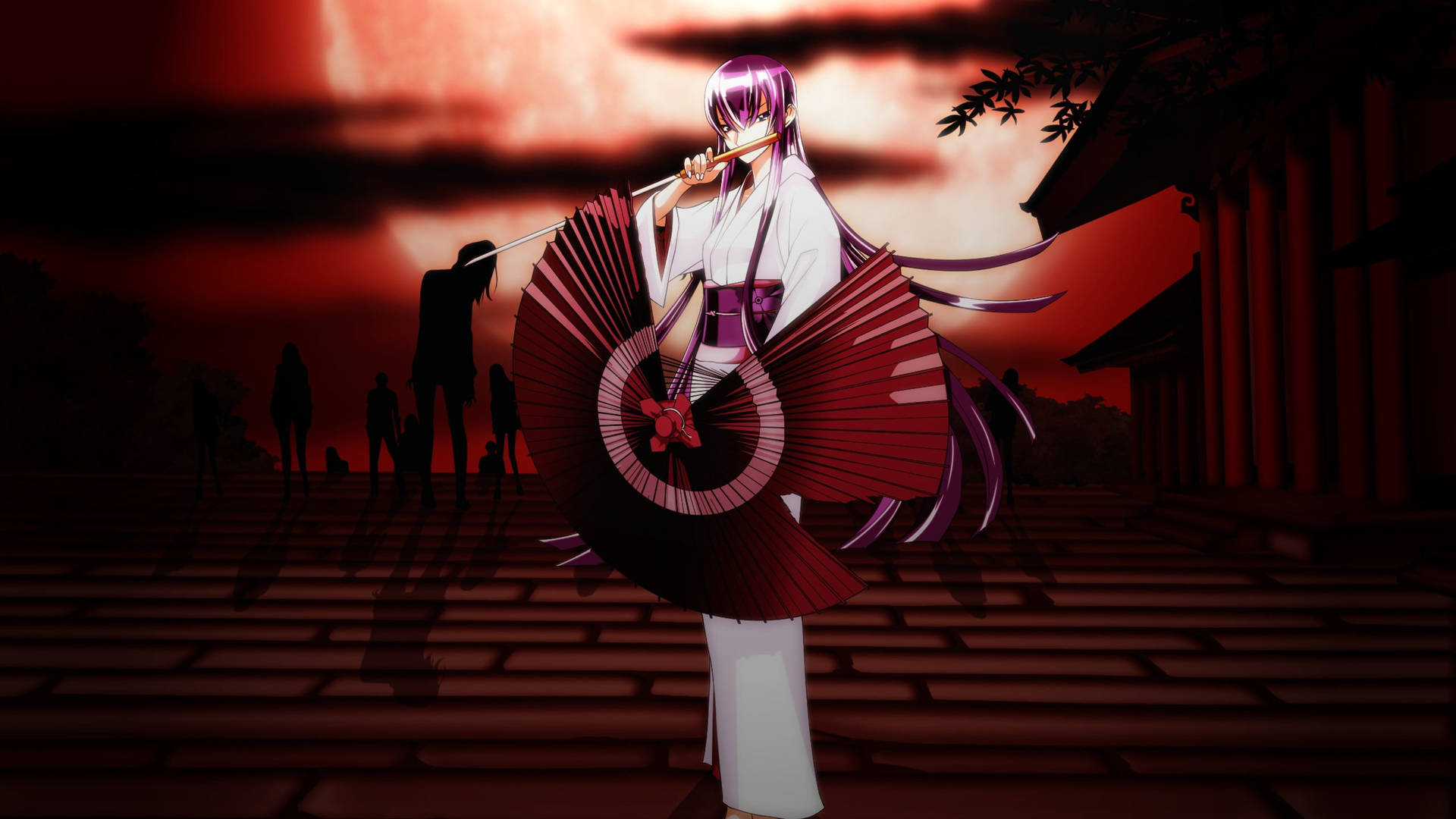 動漫少女穿和服在寺廟階梯上手持紅色扇子，夕陽紅。