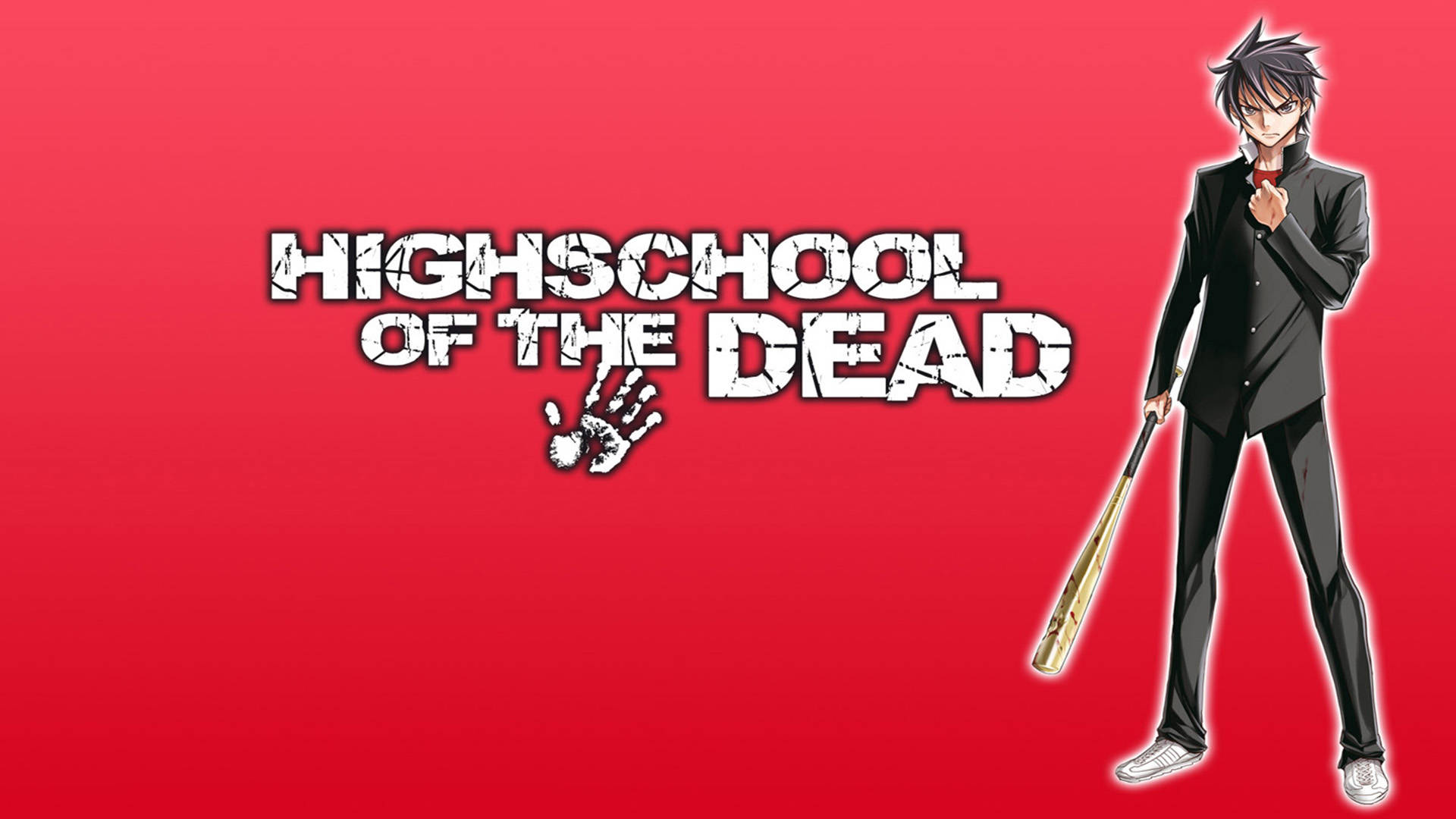 動畫男孩身穿黑色西裝，手持棒球棍，站在紅色背景上，旁邊是Highschool of the Dead標題。