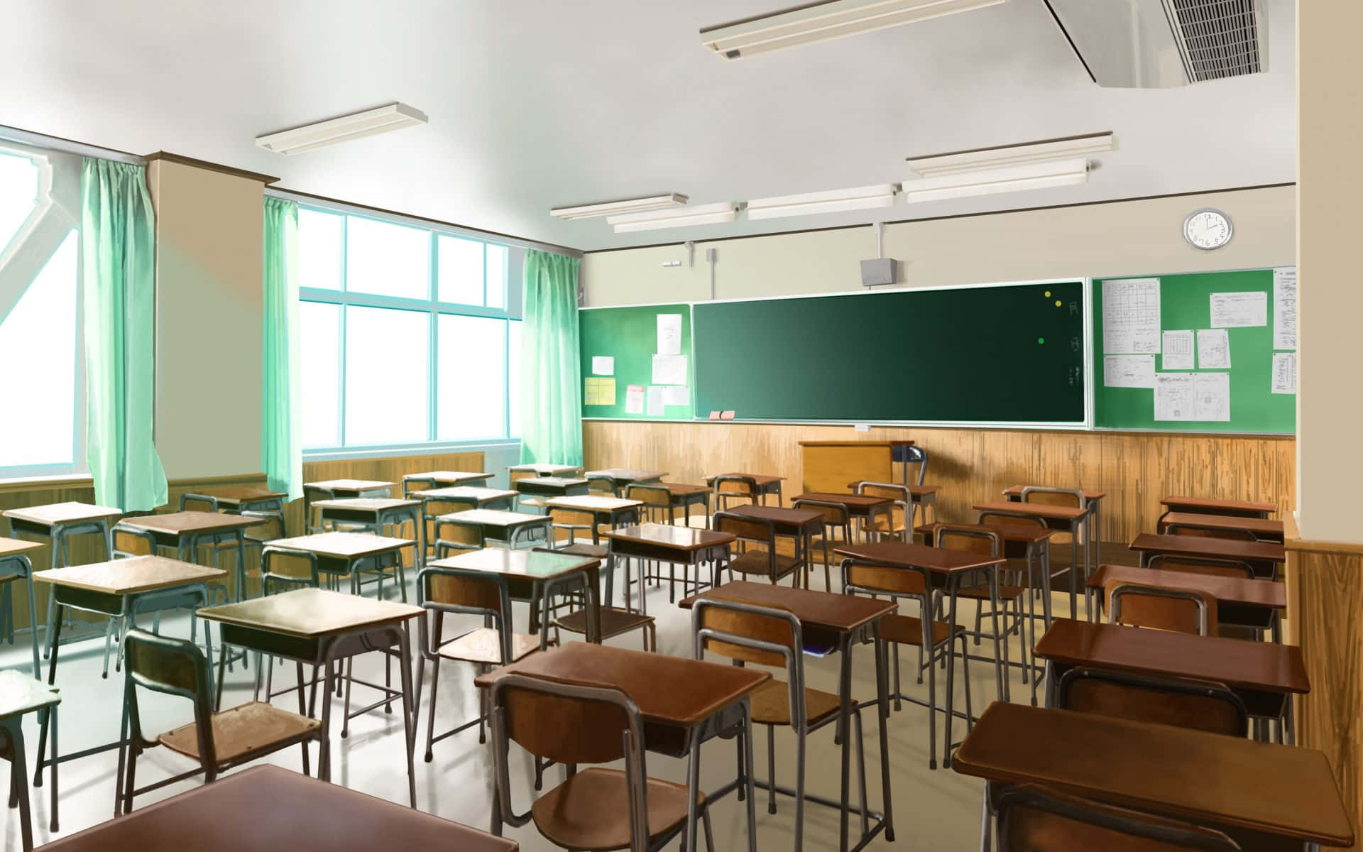 空曠的學校教室，配有木製桌椅和綠色黑板。