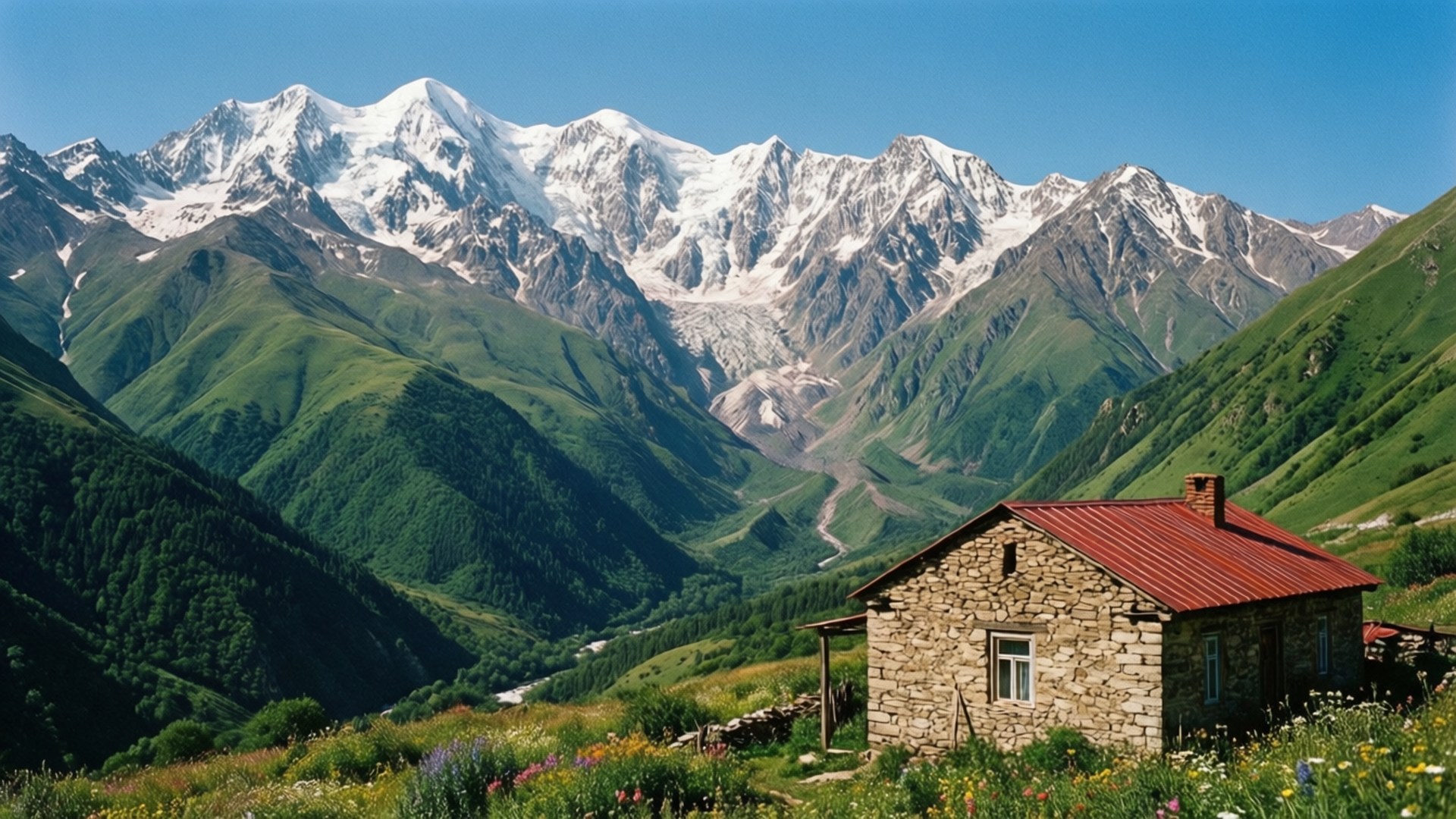 紅色屋頂的石屋坐落在雪山前的綠色山谷中。
