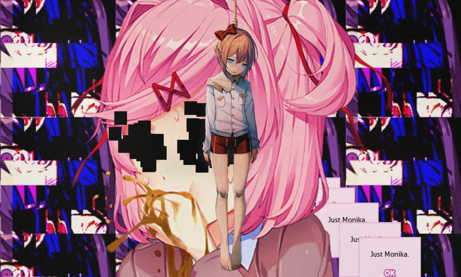 高品質 Ddlc 莫妮卡桌面圖 壁紙 — 一個帶有粉紅色頭髮的故障動漫女孩站在一個由面孔和文字組成的碎片化數位拼貼畫前。