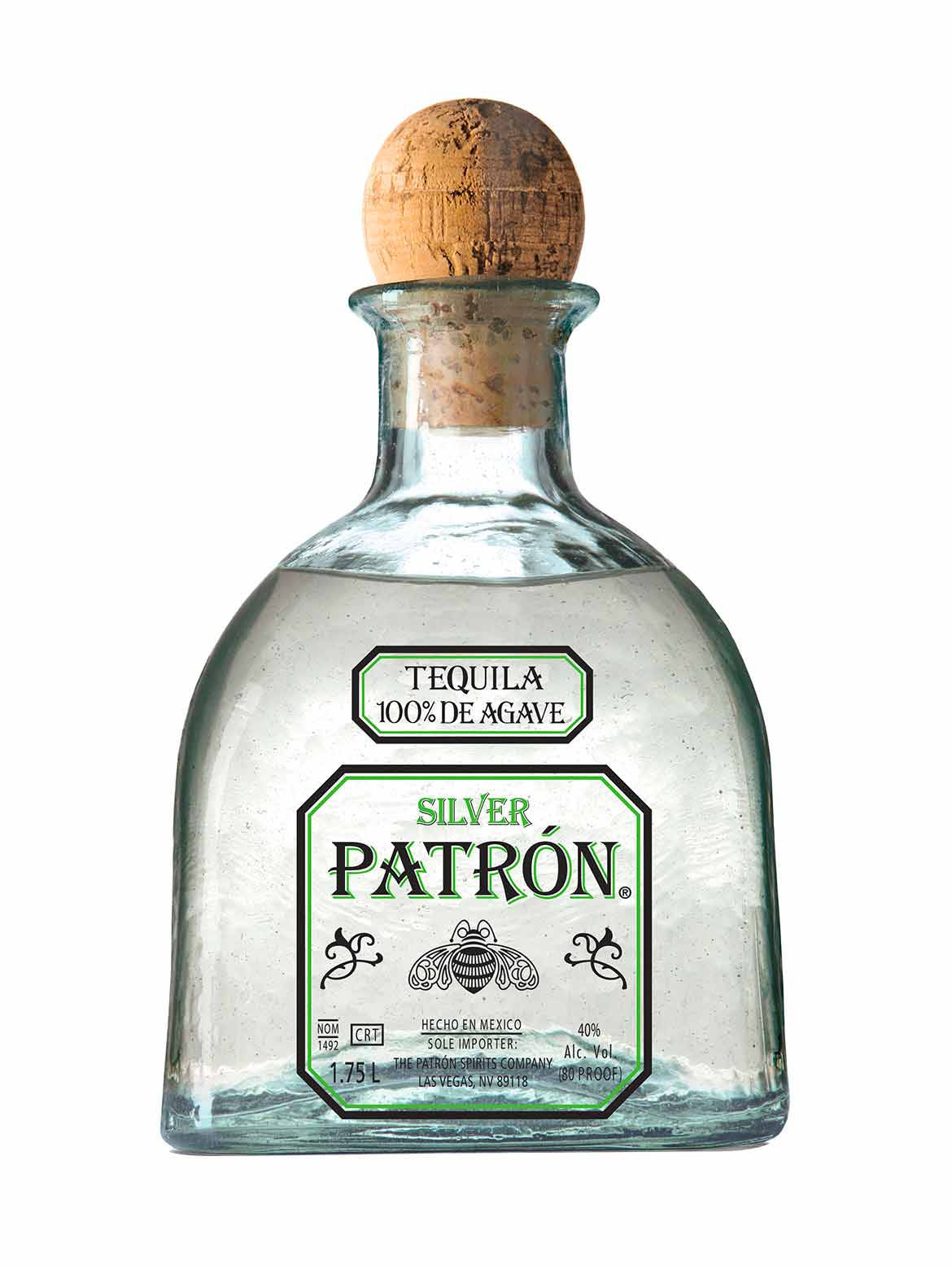 一個透明玻璃瓶的Patron Silver Tequila，帶有軟木塞和綠色標籤。