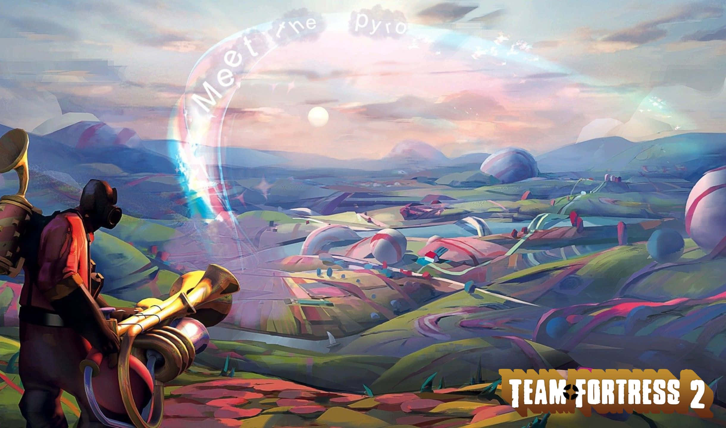 高品質2440x1440 TF2壁紙 壁紙 — 《Team Fortress 2》中的火焰兵站在一個超現實的外星景觀中，有漂浮的球體和頭頂上拱形的發光文字。
