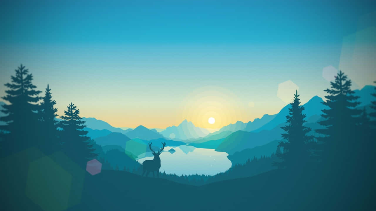 高品質720p背景 壁紙 — 一隻鹿的寧靜剪影站在日出時平靜的湖邊，背景是層層疊疊的山脈和松樹，天空呈現漸變色。