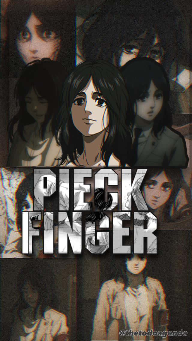 帶有故障效果和粗體文字 Pieck Finger 的動漫角色拼貼畫。