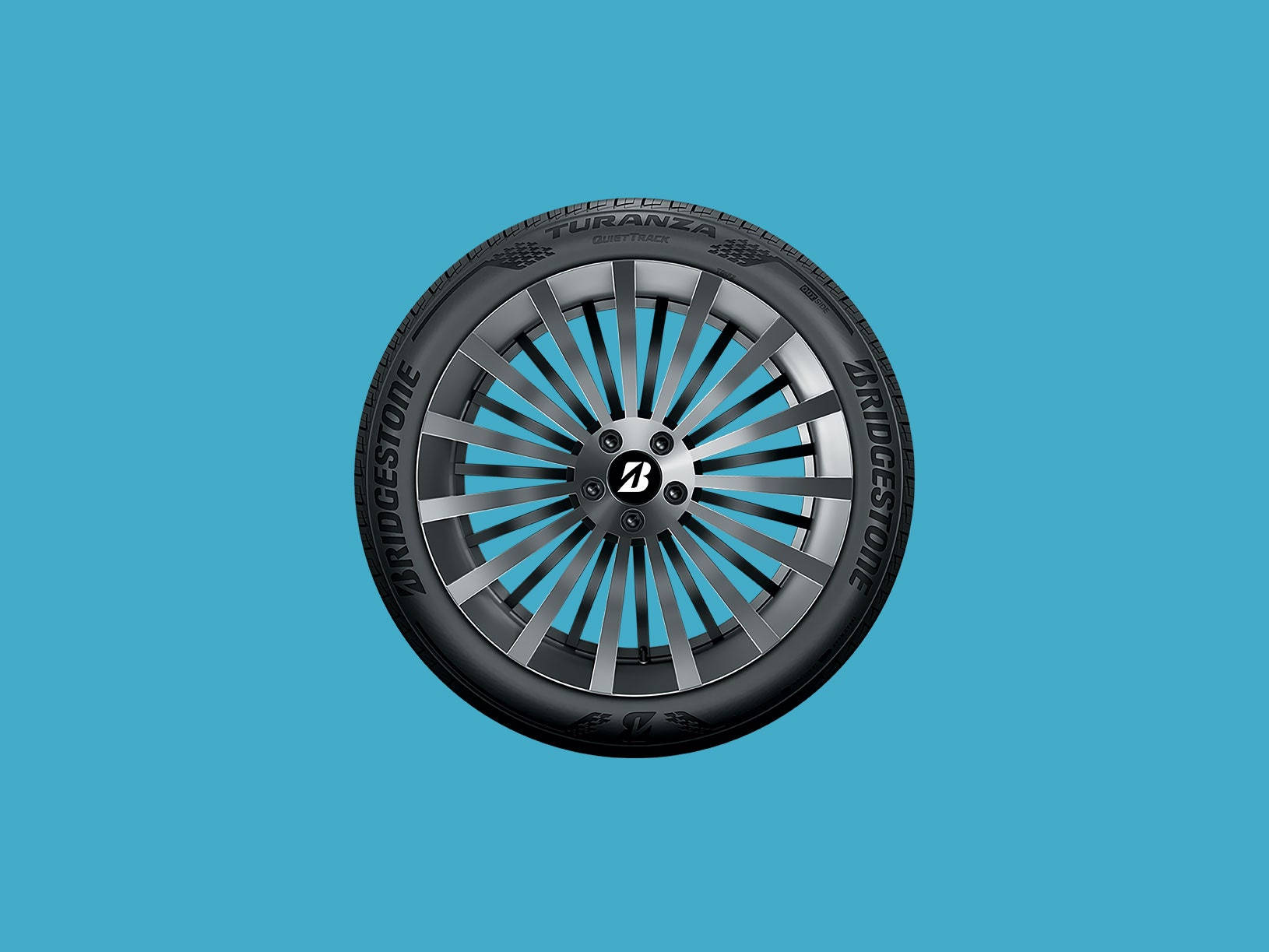 Bridgestone Turanza輪胎特寫，銀色輪圈，青色背景。