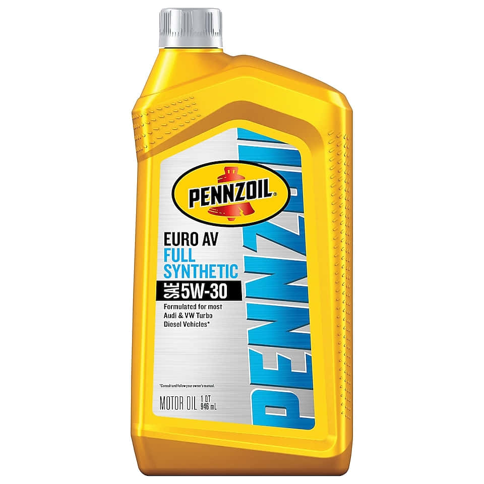 高品質機油的優點 壁紙 — 一個鮮黃色的Pennzoil Euro AV全合成5W-30機油瓶，立在潔白的背景前。