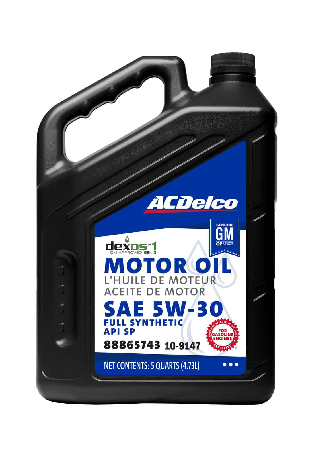 高品質機油讓車輛運轉順暢 壁紙 — 一個黑色塑膠壺，裝有AC Delco SAE 5W-30全合成機油，帶有藍白標籤，背景為白色。