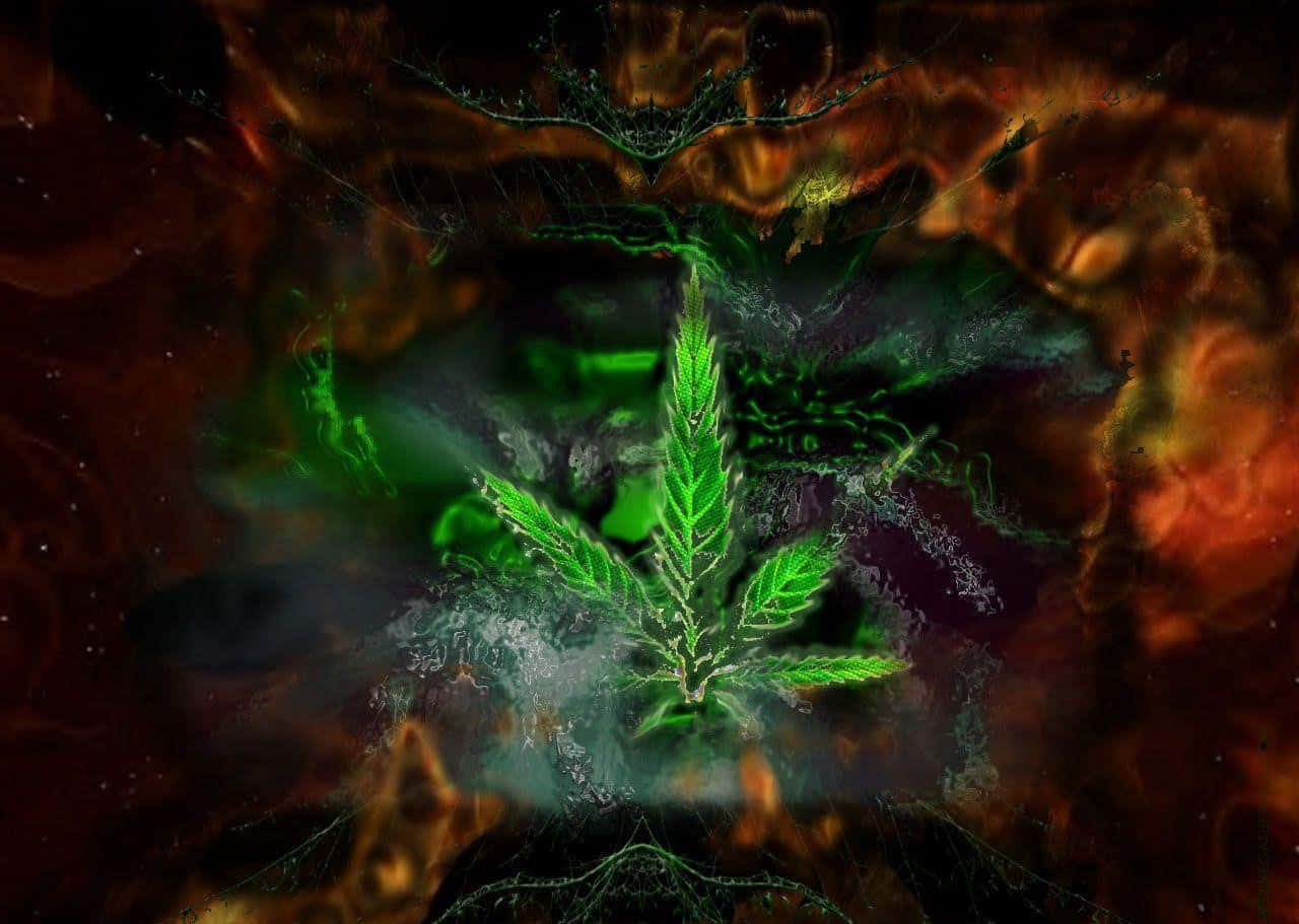 一株發光綠色大麻植物在火紅的宇宙星雲中。