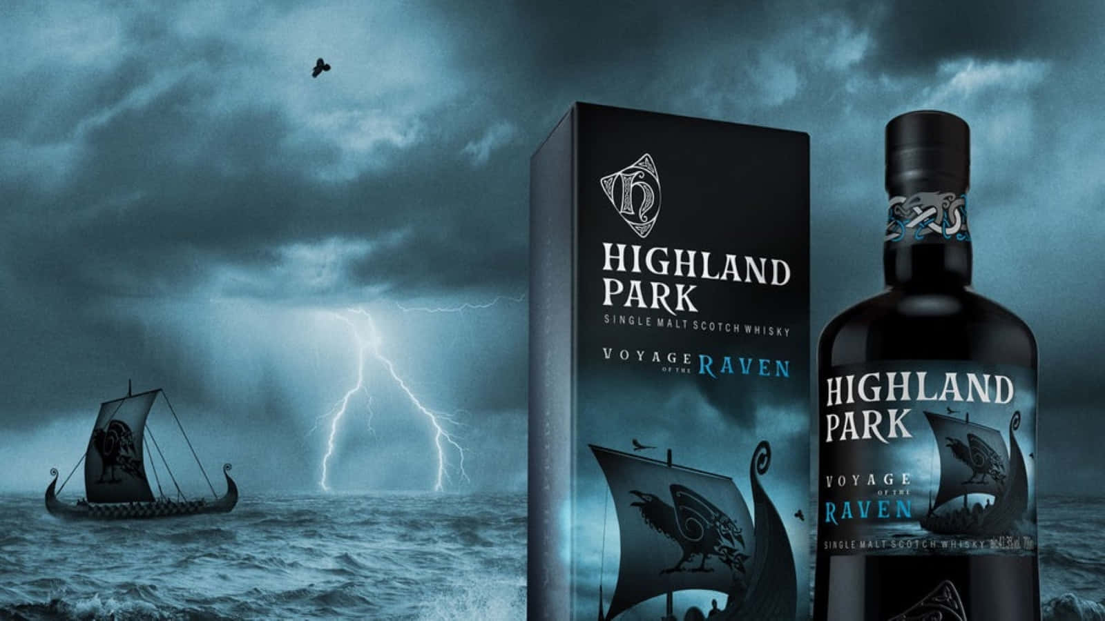 Highland Park 威士忌瓶和盒子，暴風雨海上的維京船。