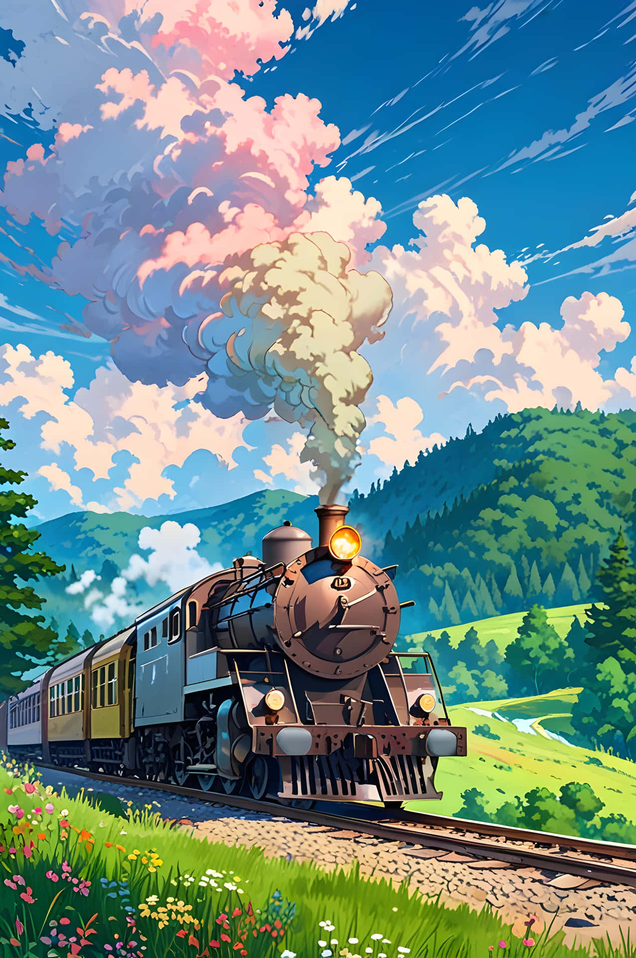 蒸汽火車穿過色彩繽紛的山谷，有野花和雲彩