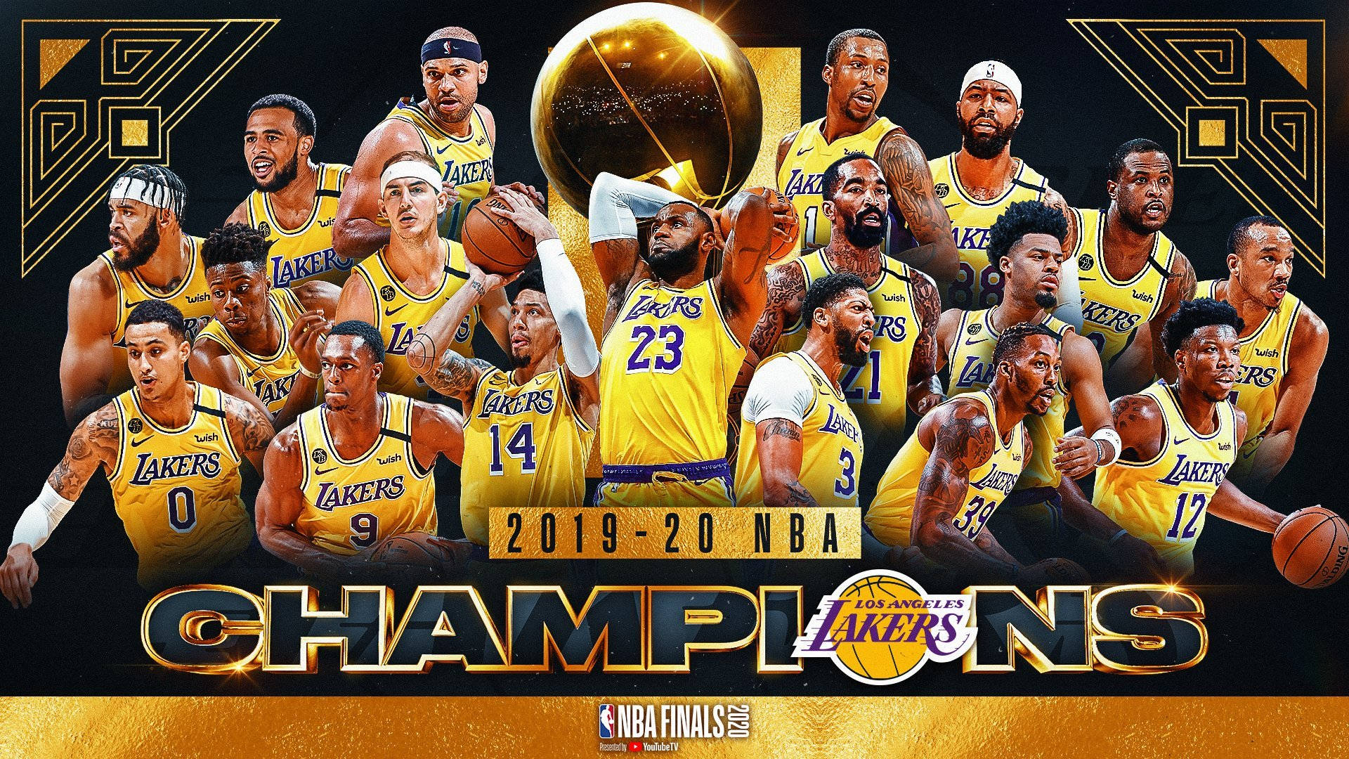 高壓NBA總決賽賽事瞬間 壁紙 — 洛杉磯湖人籃球隊慶祝2019-20年NBA總冠軍，獎盃和身穿黃色球衣的球員。