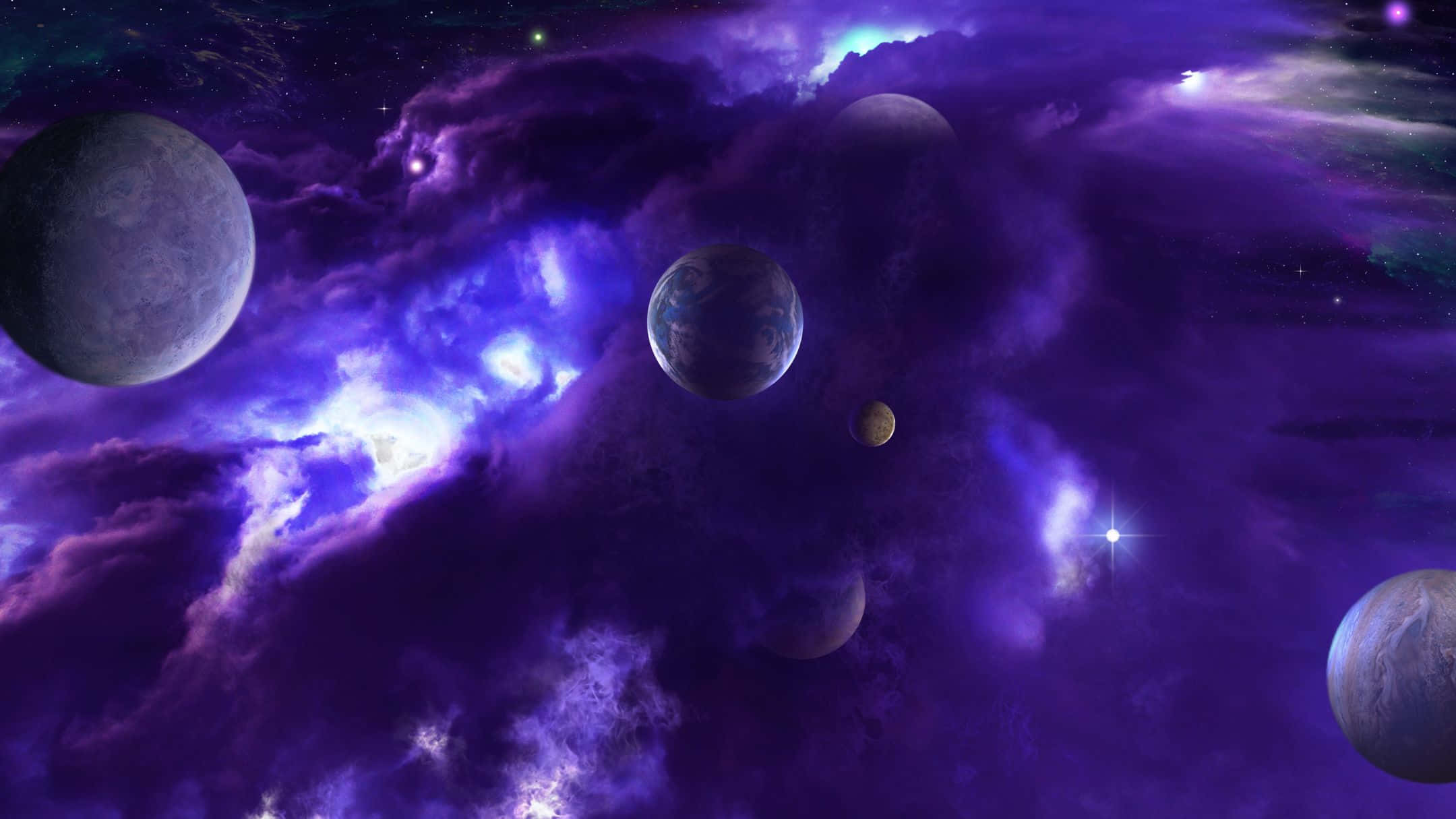 紫色星雲，漂浮的行星和發光的恆星，在深空中。