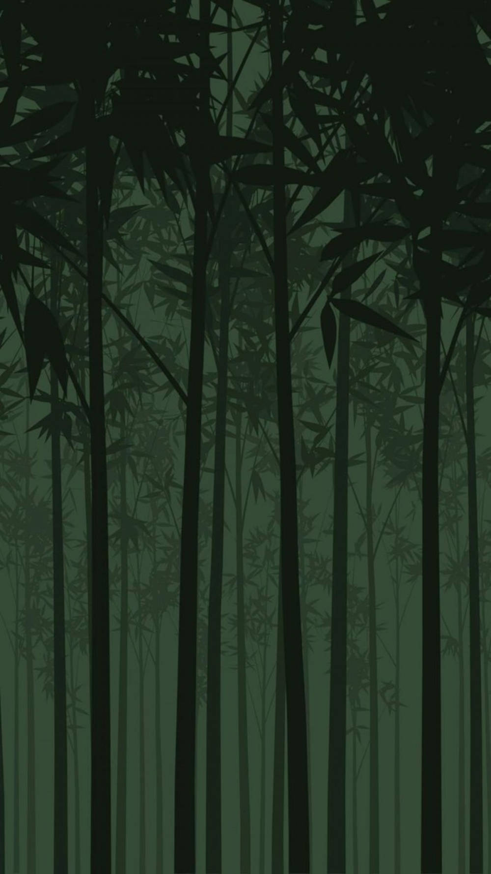 藝術 桌布 壁紙 — 高大的竹莖在霧氣瀰漫的綠色森林背景下投下黑暗的剪影。