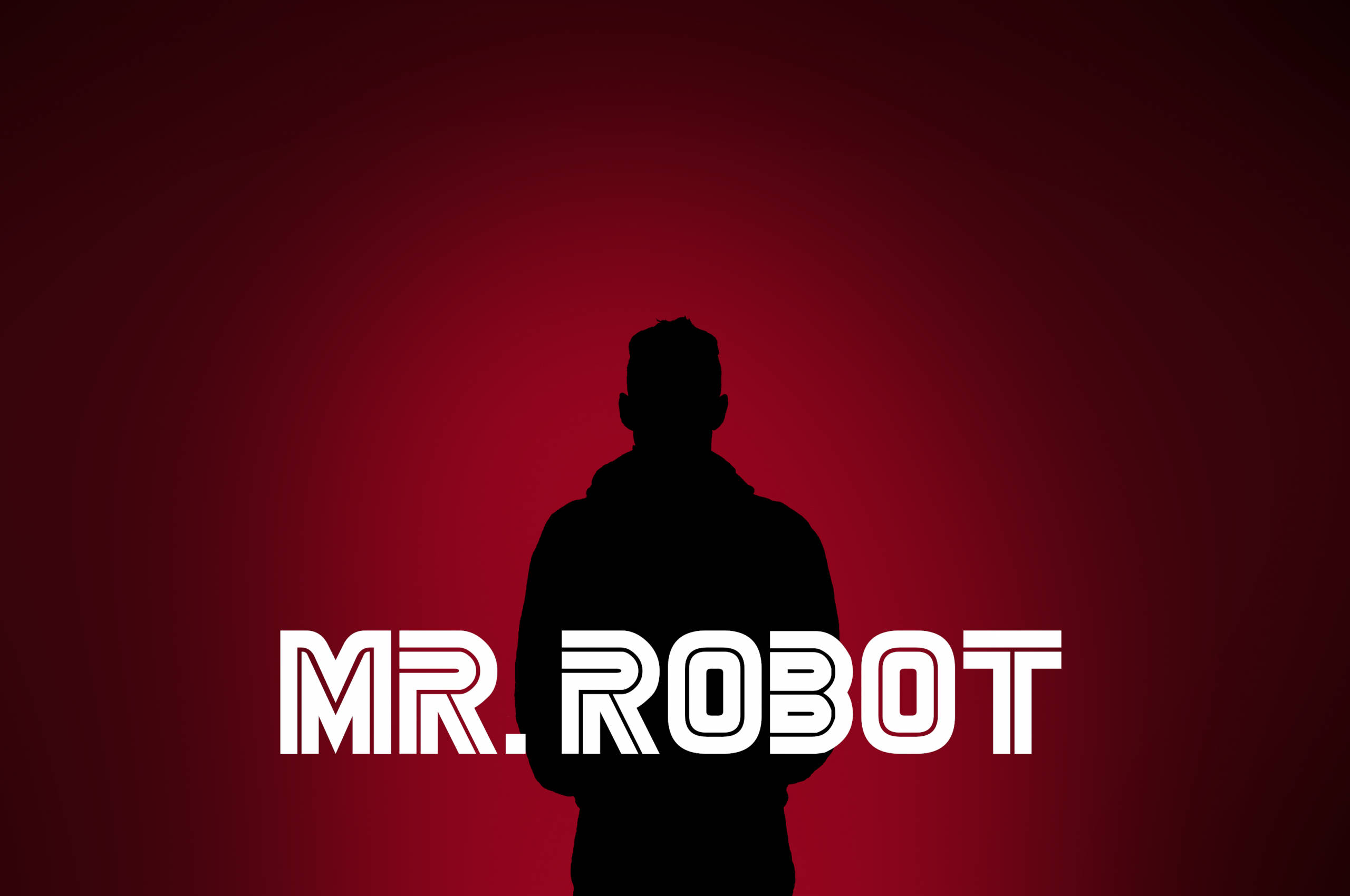 高對比度 - 《Mr. Robot》極簡紅色背景 壁紙 — 一個男人的剪影站在漸變紅色背景上，帶有粗體白色「MR. ROBOT」文字。