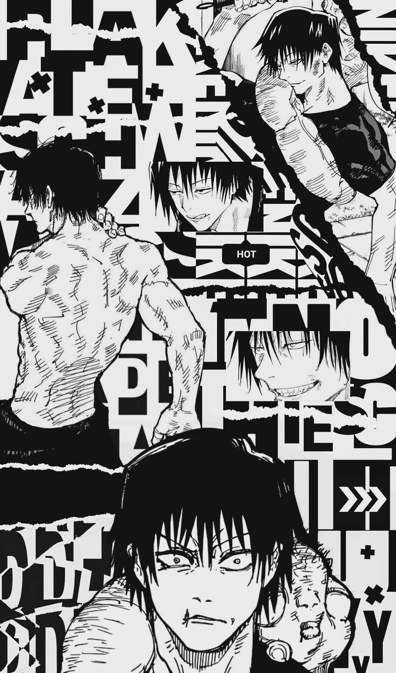 Toji Fushiguro 桌布 壁紙 — 高對比度黑白漫畫拼貼，以強烈的動漫角色、粗體文字疊加和動態姿勢為特色。