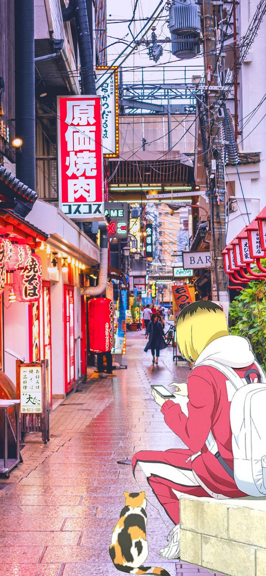 動漫女孩與貓咪坐在壁架上，在潮濕的霓虹燈日本小巷中。