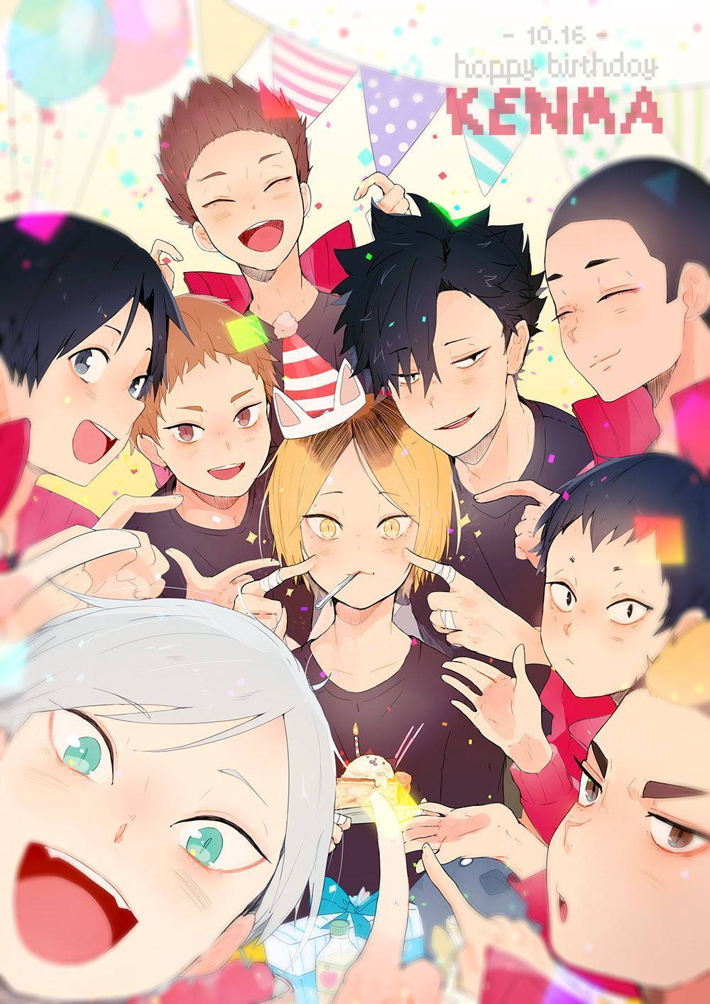 動漫角色用蛋糕和氣球慶祝生日。
