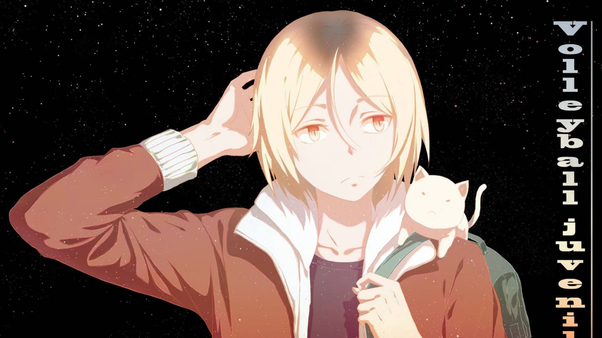 金髮紅眼嘅動漫女仔喺星空下攬住一隻白色貓公仔。