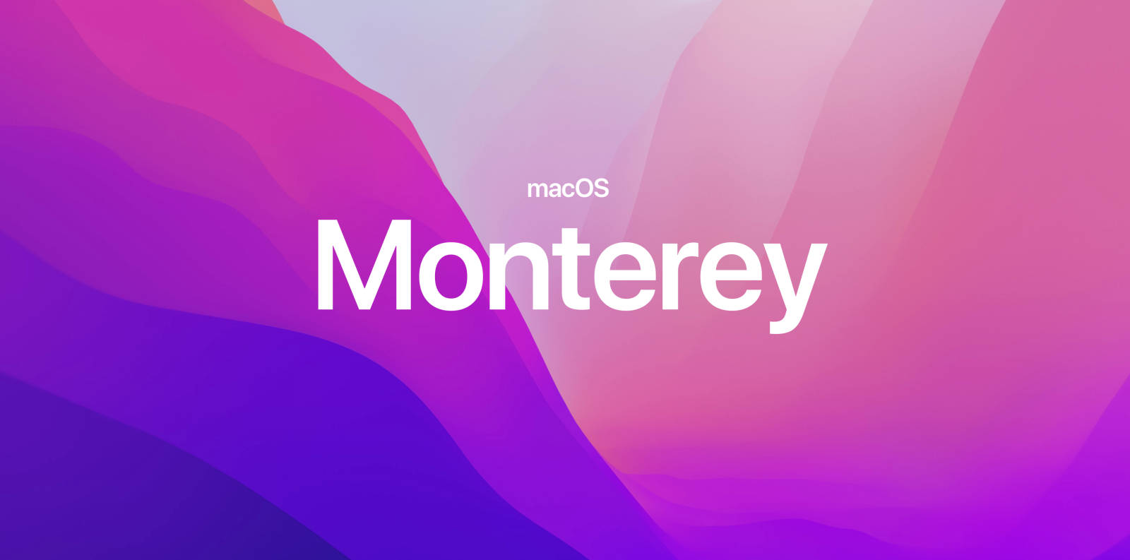 高山 macOS Monterey 壁紙 — 充滿活力的紫色和粉紅色抽象波浪在粗體白色文字 macOS Monterey 後方流動。