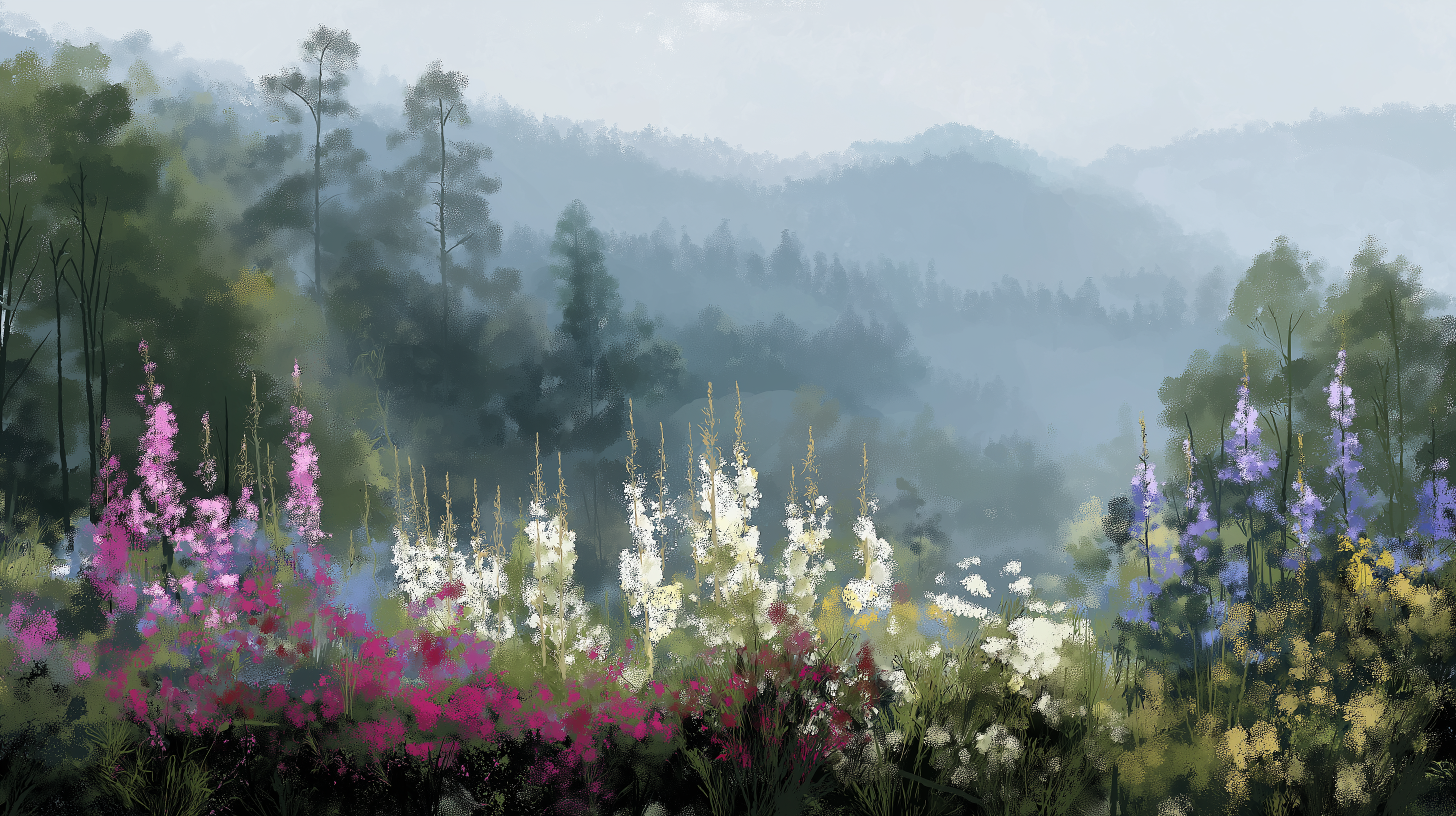 高山花海 壁紙 — 霧氣瀰漫的山景，前景有高大的紫色、白色和粉紅色野花。
